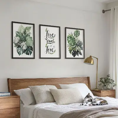 Set de 3 cuadros para salón con diseño de plantas de hojas verdes con frases motivadoras