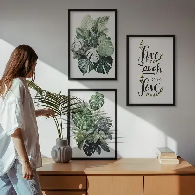 Set de 3 cuadros para salón con diseño de plantas de hojas verdes con frases motivadoras