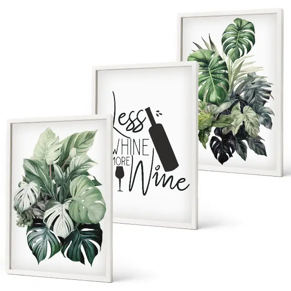 Juego de 3 cuadros con diseño de hojas de planta en color verde vino