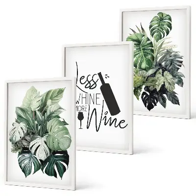 Juego de 3 cuadros con diseño de hojas de planta en color verde vino