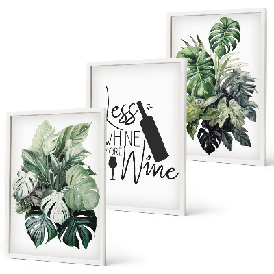 Juego de 3 cuadros hojas de planta de color verde vino