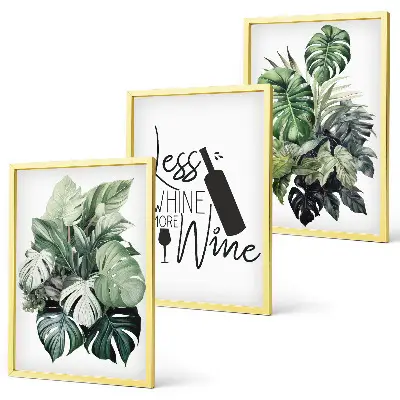 Juego de 3 cuadros con diseño de hojas de planta en color verde vino