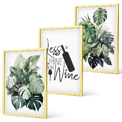 Juego de 3 cuadros hojas de planta de color verde vino