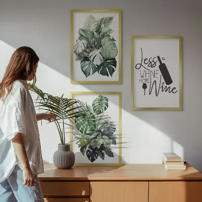 Juego de 3 cuadros con diseño de hojas de planta en color verde vino