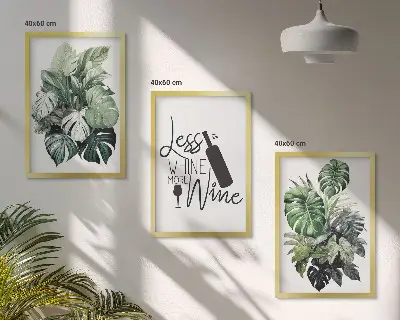 Juego de 3 cuadros con diseño de hojas de planta en color verde vino