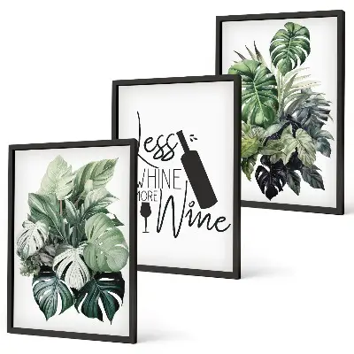 Juego de 3 cuadros con diseño de hojas de planta en color verde vino