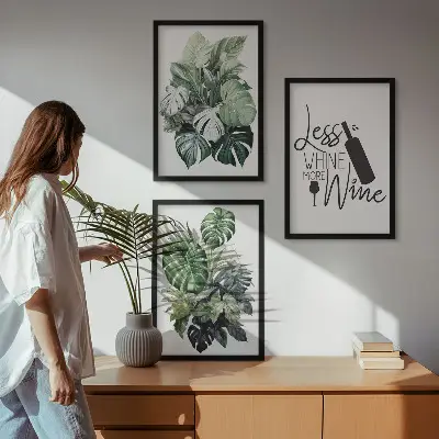 Juego de 3 cuadros con diseño de hojas de planta en color verde vino