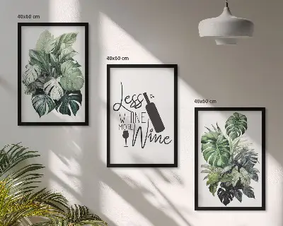 Juego de 3 cuadros con diseño de hojas de planta en color verde vino