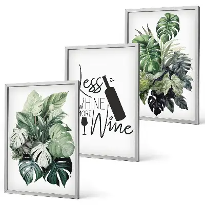 Juego de 3 cuadros con diseño de hojas de planta en color verde vino