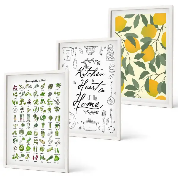 Set de 3 cuadros para salón con diseño de hierbas de cocina y limones