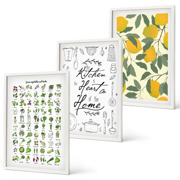 Set de 3 cuadros para salón Hierbas de cocina pintadas con limón