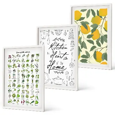Set de 3 cuadros para salón con diseño de hierbas de cocina y limones