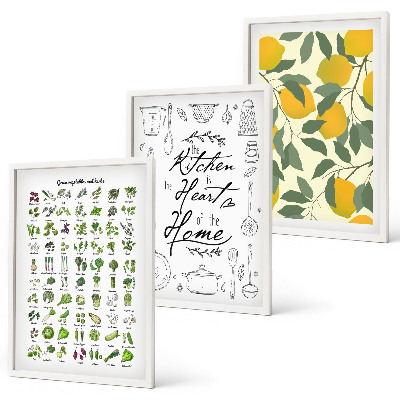 Set de 3 cuadros para salón Hierbas de cocina pintadas con limón