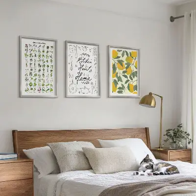 Set de 3 cuadros para salón con diseño de hierbas de cocina y limones