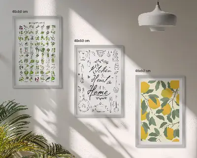 Set de 3 cuadros para salón con diseño de hierbas de cocina y limones