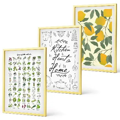Set de 3 cuadros para salón con diseño de hierbas de cocina y limones