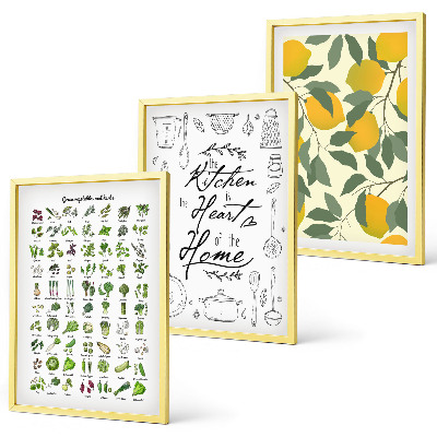 Set de 3 cuadros para salón Hierbas de cocina pintadas con limón