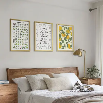 Set de 3 cuadros para salón con diseño de hierbas de cocina y limones