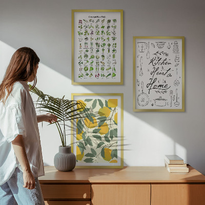 Set de 3 cuadros para salón Hierbas de cocina pintadas con limón