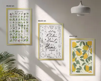 Set de 3 cuadros para salón con diseño de hierbas de cocina y limones