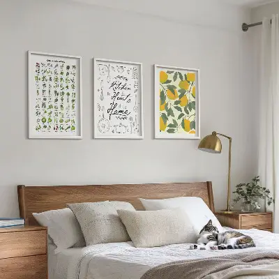 Set de 3 cuadros para salón con diseño de hierbas de cocina y limones
