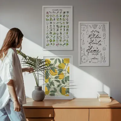 Set de 3 cuadros para salón con diseño de hierbas de cocina y limones