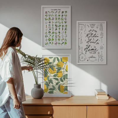 Set de 3 cuadros para salón Hierbas de cocina pintadas con limón