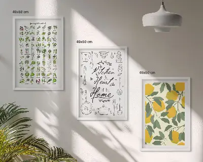 Set de 3 cuadros para salón con diseño de hierbas de cocina y limones