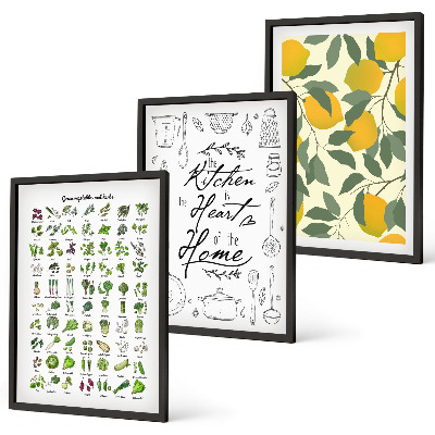 Set de 3 cuadros para salón Hierbas de cocina pintadas con limón