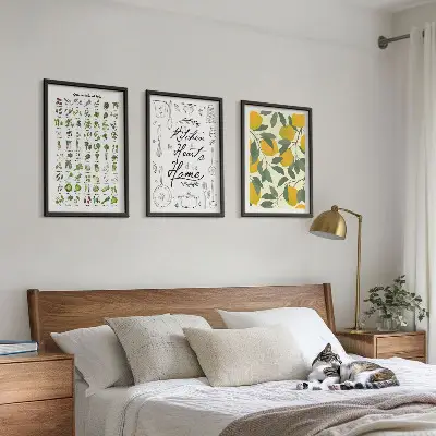 Set de 3 cuadros para salón con diseño de hierbas de cocina y limones