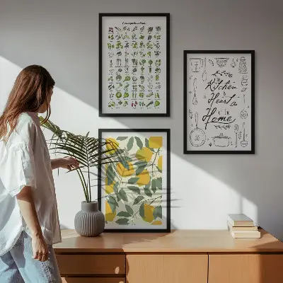 Set de 3 cuadros para salón con diseño de hierbas de cocina y limones