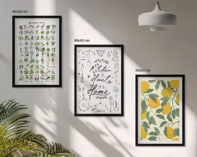 Set de 3 cuadros para salón con diseño de hierbas de cocina y limones