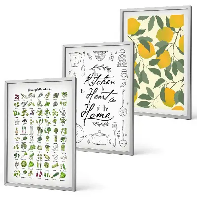 Set de 3 cuadros para salón con diseño de hierbas de cocina y limones