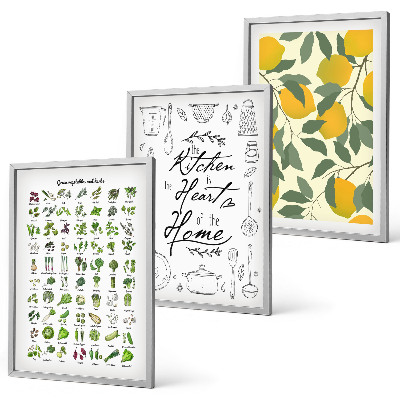 Set de 3 cuadros para salón Hierbas de cocina pintadas con limón
