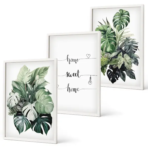 Set de 3 cuadros para salón con diseño de hojas de monstera en acuarela