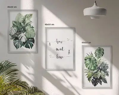 Set de 3 cuadros para salón con diseño de hojas de monstera en acuarela