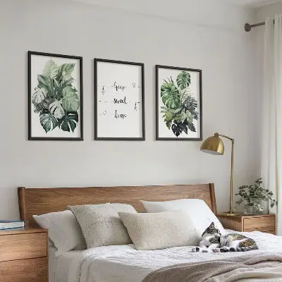 Set de 3 cuadros para salón con diseño de hojas de monstera en acuarela