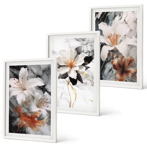 Juego de 3 cuadros diseño de flores en mármol blanco y negro