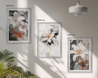 Juego de 3 cuadros diseño de flores en mármol blanco y negro