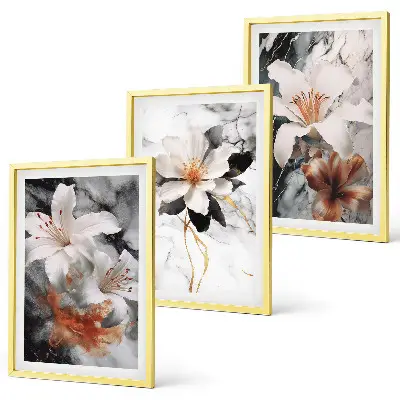 Juego de 3 cuadros diseño de flores en mármol blanco y negro