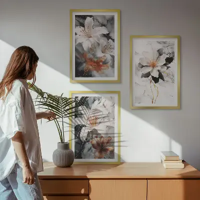 Juego de 3 cuadros diseño de flores en mármol blanco y negro
