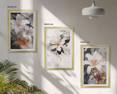 Juego de 3 cuadros diseño de flores en mármol blanco y negro