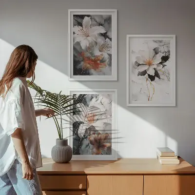 Juego de 3 cuadros diseño de flores en mármol blanco y negro