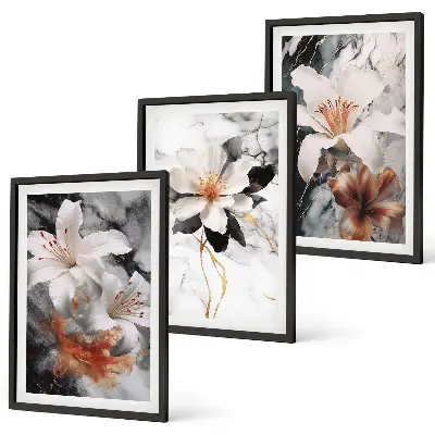Juego de 3 cuadros diseño de flores en mármol blanco y negro