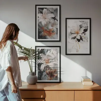 Juego de 3 cuadros diseño de flores en mármol blanco y negro