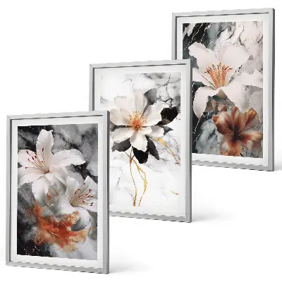 Juego de 3 cuadros diseño de flores en mármol blanco y negro