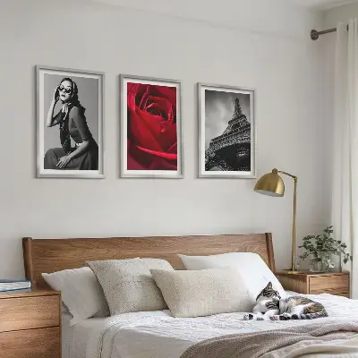 Set de 3 cuadros decorativos para salón diseño Una parisina con gafas Eiffel