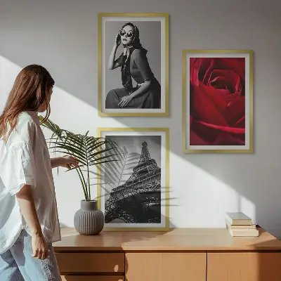 Set de 3 cuadros decorativos para salón diseño Una parisina con gafas Eiffel