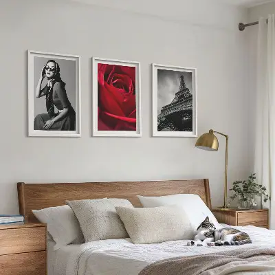 Set de 3 cuadros decorativos para salón diseño Una parisina con gafas Eiffel