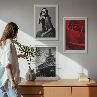 Set de 3 cuadros decorativos para salón diseño Una parisina con gafas Eiffel